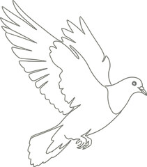 Illustration of dove in flight line art isolated on white background, a symbol of peace