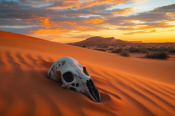 animal skull half buried in rippled orange sand dunes at dramatic sunset with distant dunes and sparse shrubs, evoking eerie lonely haunting atmosphere