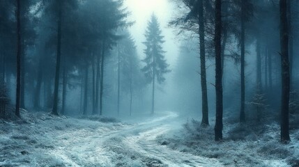 fog-shrouded snowy forest path winding between tall pine trees, cold, mysterious and tranquil atmosphere