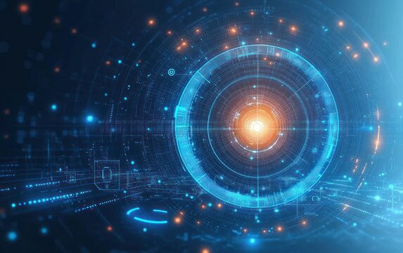 Futuristic circular digital interface with glowing blue rings and a bright orange core, floating data points and circuitry conveying precision and awe