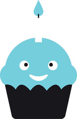 Illustration of cute blue cupcake with candle isolated on white background for birthday party