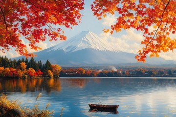 Solitary wooden rowboat on a calm reflective lake framed by vibrant red and orange autumn leaves with a distant snow-capped mountain, serene and peaceful
