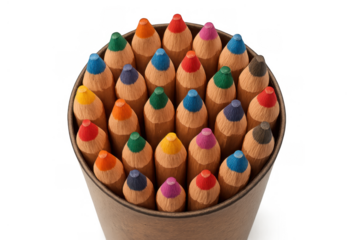 Group of colored pencils standing upright in a brown holder, showing various colors arranged in a circular pattern, representing artistic tools
