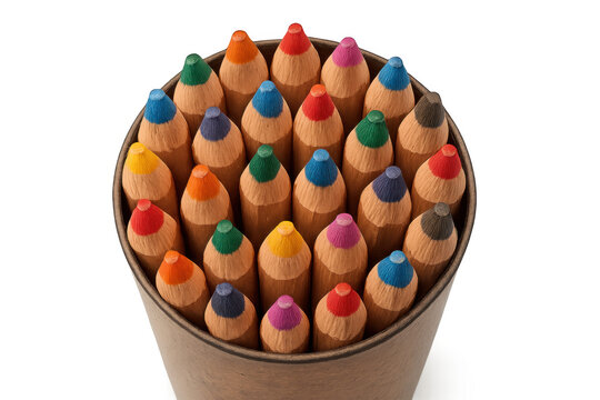 Group of colored pencils standing upright in a brown holder, showing various colors arranged in a circular pattern, representing artistic tools