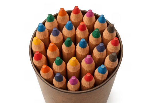 Group of colored pencils standing upright in a brown holder, showing various colors arranged in a circular pattern, representing artistic tools