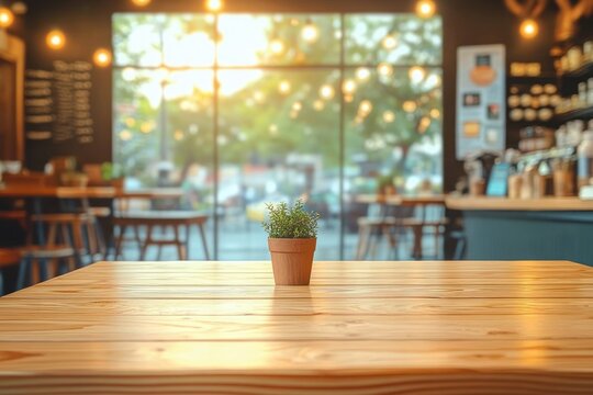 small potted plant on a wooden table in a cozy sunlit cafe with warm hanging lights and blurred seating area, inviting calm morning atmosphere