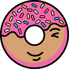 Illustration of cute pink donut with sprinkles isolated on white background for dessert