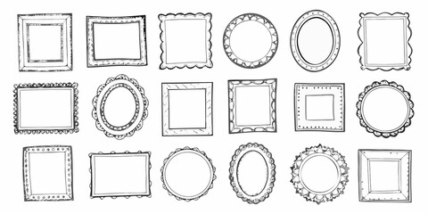 Collection of hand drawn decorative photo frames and borders in various shapes and styles