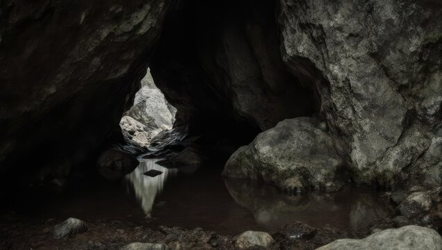 Mysterious Cave Formation Reflecting in Still Water.