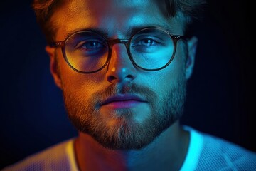 Close-up side-lit portrait of a young man in a white textured shirt bathed in warm orange and cool blue light, moody and introspective atmosphere