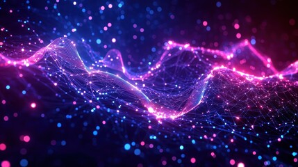 glowing interconnected digital wave of neon pink and blue nodes and lines forming a flowing data landscape, energetic and futuristic