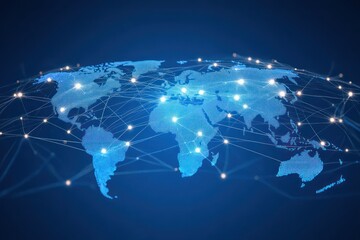 Glowing digital world map on a curved globe with interconnected luminous nodes and streaming lines, conveying global connectivity, data flow and futuristic technological optimism
