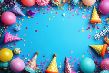 top-down view of colorful balloons, polka dot party hats, confetti, streamers and party blowers on a bright blue background conveying joyful celebration