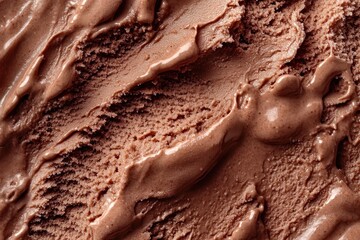 Close-up of creamy chocolate ice cream with smooth swirls, scooped ridges and glossy melting sheen, rich decadent and indulgent dessert