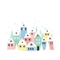 Fototapeta premium Charming Colorful Winter Village Scene with Snowing and Festive Decorations