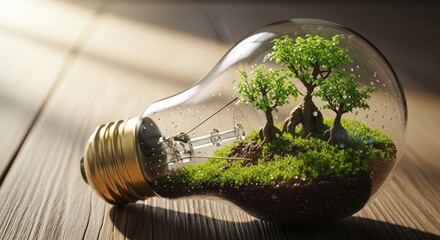 Ecological light bulb concept with green forest inside for sustainability