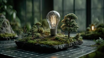 Sustainable Energy Concept with a Lightbulb and Miniature Trees Representing Green Living