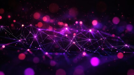glowing purple and pink network of connected nodes and lines over a dark background with floating bokeh particles and geometric mesh, evoking a futuristic mysterious energy
