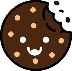 Illustration of happy chocolate chip cookie with a bite isolated on white background