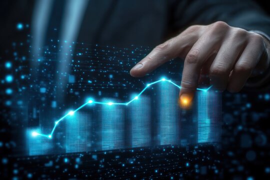 Hand in suit touching glowing blue holographic bar and line chart with rising data points, futuristic confident analytical interaction