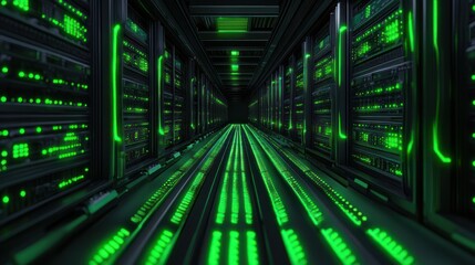 Futuristic data center corridor lined with server racks and glowing green LED indicators, evoking sleek high-tech intensity and precise digital order