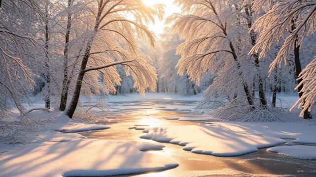 Beautiful winter forest with snow covered trees and a frozen river at sunrise. Golden sunlight reflects on the ice creating a magical and peaceful seasonal landscape