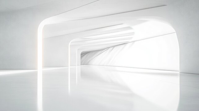 bright minimalist futuristic interior with curved white arches and columns, glossy reflective floor, soft ambient light and spacious serene tunnel-like corridor