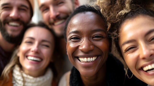 Happy diverse friends group selfie smiling together joyfully in friendship and togetherness outdoor shot