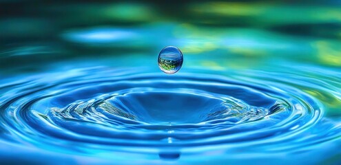 Single crystal water droplet suspended above blue-green rippling surface creating concentric waves and reflective sphere, calm tranquil mood