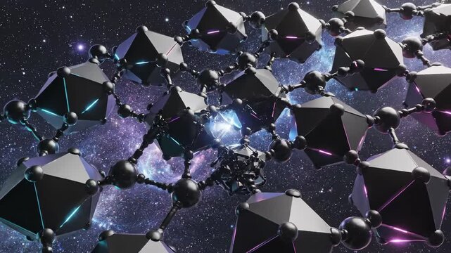 Hyper-detailed geometric lattice structure composed of synchronized black polygons transforming and pulsing in a hypnotic quantum rhythm background modern, analysis, minimalist