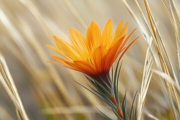 orange daisy-like wildflower blooming among dry golden grasses with soft backlight, serene peaceful mood