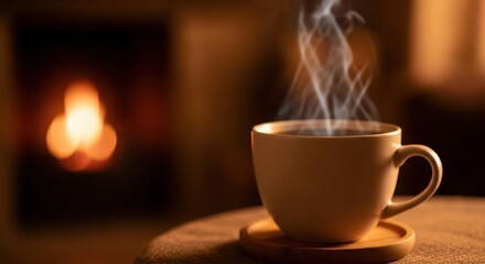 Steaming hot beverage rests on a wooden coaster before a warm, glowing hearth