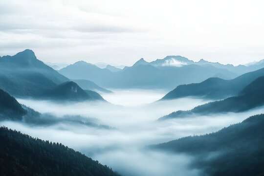 Layered blue mountain ranges with dense valley fog and pine-covered slopes, serene misty morning