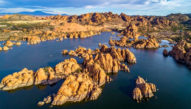 Aerial view of rock formations in a lake, under a blue, partly cloudy sky - Powered by Adobe