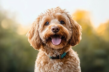 close-up portrait of a joyful fluffy apricot dog with curly fur and blue collar outdoors at golden hour, tongue out and bright expressive eyes