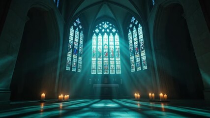 Mysterious gothic cathedral interior with dramatic light rays streaming through stained glass windows. An empty church sanctuary with glowing candles creating a spiritual atmosphere