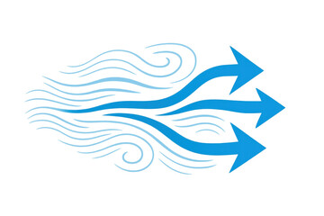 Obraz premium Blue arrows illustrating strong wind flow or air current on a transparent background, symbolizing movement and direction
