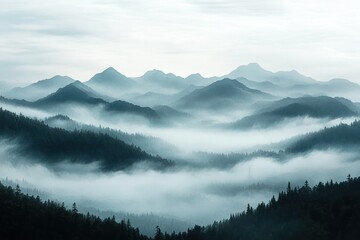 Obraz premium Misty layered mountain ranges, evergreen forests and fog-filled valleys under cool morning light evoking calm and mystery
