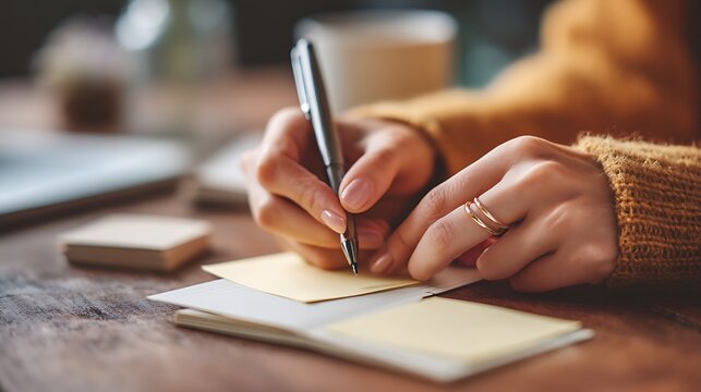 Woman writing notes with pen on desk for creative writing and planning ideas and organization concept