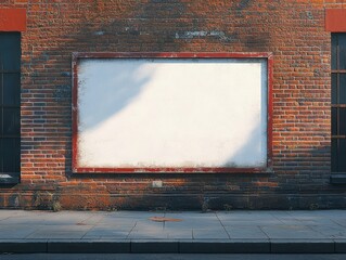 Blank white rectangular billboard with red frame on weathered brick building facade flanked by dark windows above a quiet sidewalk, warm shadow and nostalgic mood