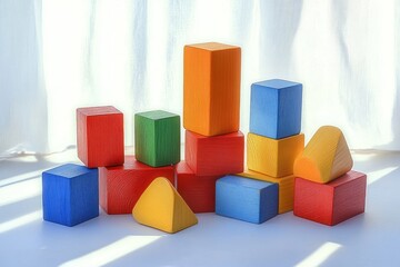 Obraz premium Colorful wooden toy blocks in red, blue, yellow and green arranged on a white surface with soft sunlight and curtain backdrop, playful and calm mood