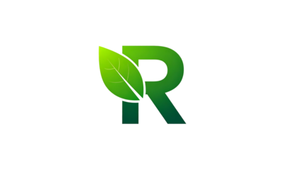 Green gradient "R" with leaf, against a black backdrop, clean design, nature inspired