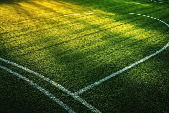sunlit soccer field corner with intersecting white lines on green turf, warm golden rays casting serene shadow patterns