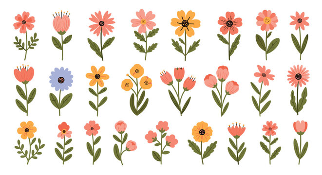 A cheerful and vibrant collection of simple, hand-drawn flower illustrations in various colors, perfect for spring and nature themes.