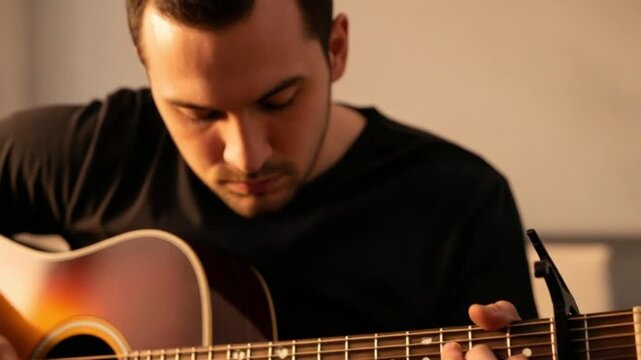 Musician Playing Acoustic Guitar Close Up Shot.