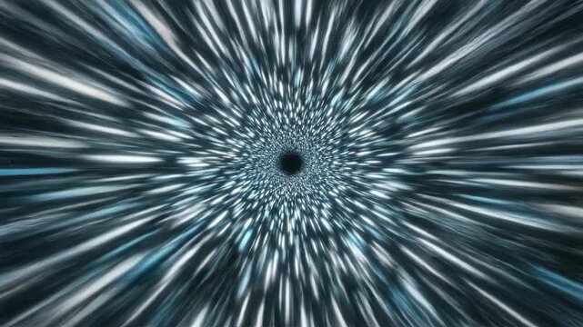 Hyper-speed light trails of white and cyan accelerating rapidly in perfect unison along a dark tunnel axis modern design, telecommunication, digital highway