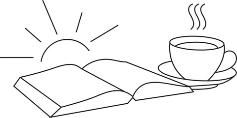 book and cup of coffee on table in winter morning.