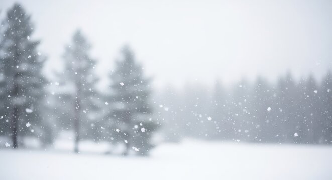 Heavy snowfall creates soft focus winter landscape with distant evergreen trees