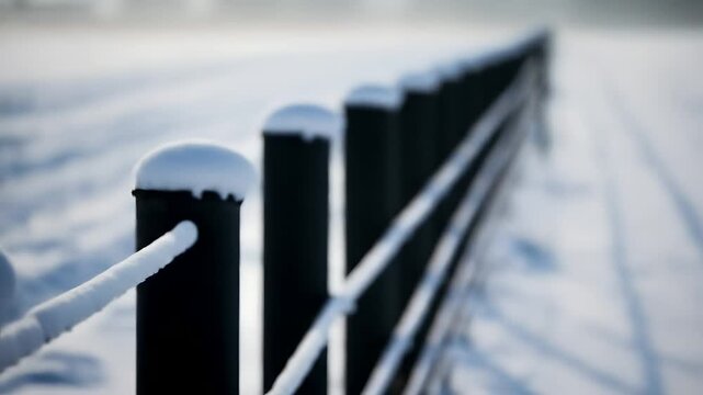 Winter fence line under snow. Black posts capped with snow and snow covered wire, peaceful winter landscape. For seasonal transitions, holiday content, nature, and calm scenes.