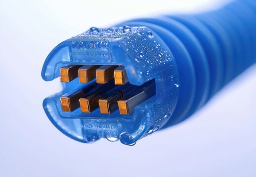 Macro close-up of a wet blue coiled cable connector with gold rectangular contacts and water droplets, evoking a cool crisp clinical and precise mood